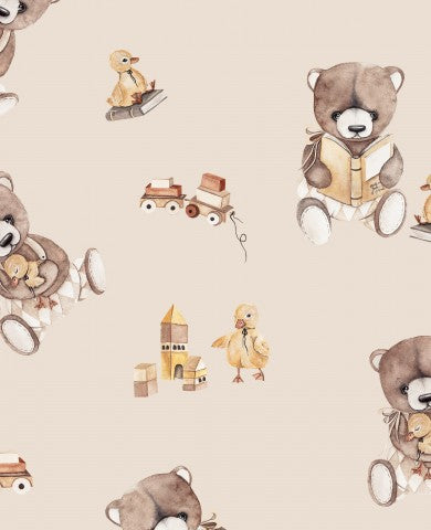Vandtæt stof med et mønster af bamser og legetøj på en beige baggrund