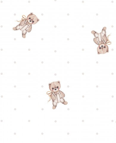 Waterproof fabric a white polka dot pattern with teddy bears on it