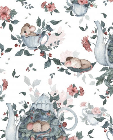 Panama Mäusen in Teekannen und Blumen