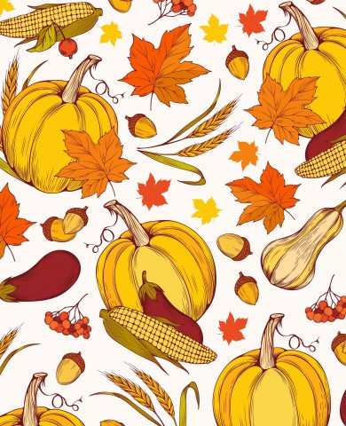 Muslin autumn pattern with pumpkins, acorns and leaves