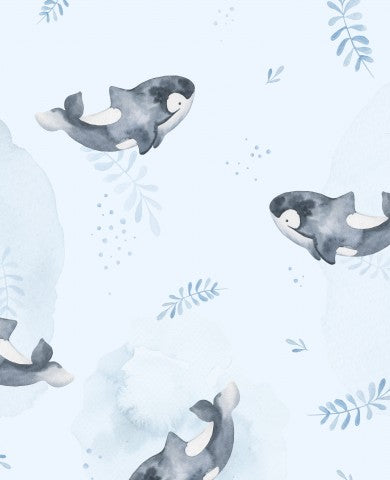 Tissu imperméable aquarelle baleines et feuilles