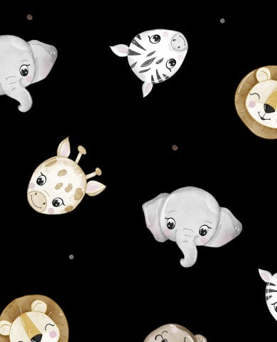 Waterproof fabric a black and white pattern with elephants and giraffes