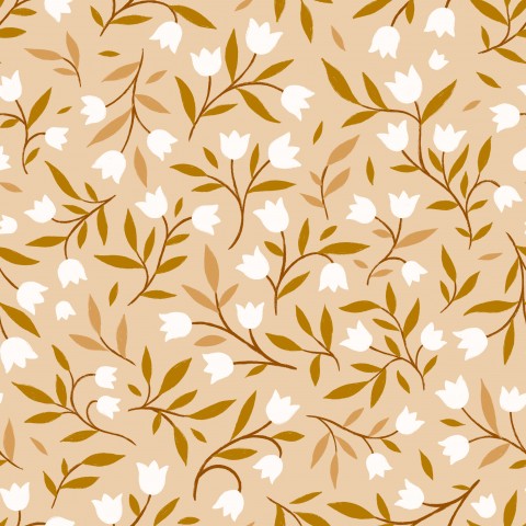 French Terry med ett brunt och vitt blommönster på en beige bakgrund