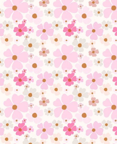 Rib Jersey rosa und braune Blumen auf weißem Hintergrund