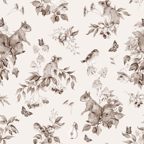 Rib Jersey a black and white wallpaper with squirrels and birds