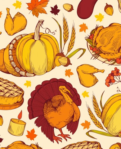 Muslin Thanksgiving pattern with turkeys and pumpkins