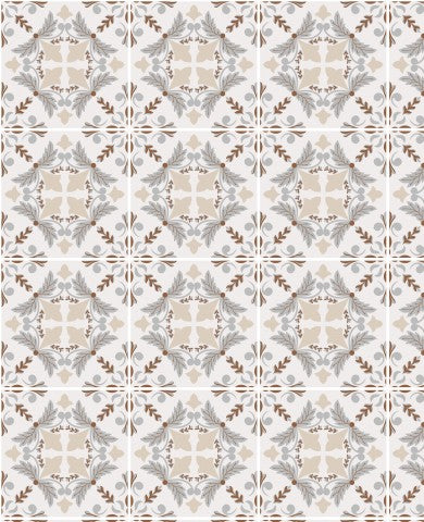 Waterproof fabric a tile pattern with brown and white flowers