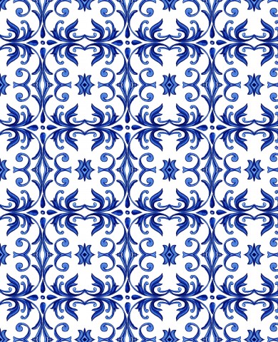 French Terry a blue and white tile pattern with swirls