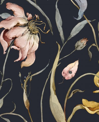French Terry ein Aquarellgemälde von Blumen auf schwarzem Hintergrund