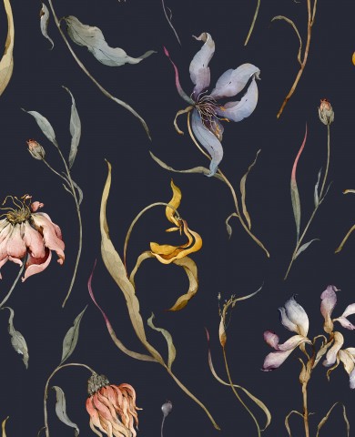 Satin cotton watercolor flowers on dark background