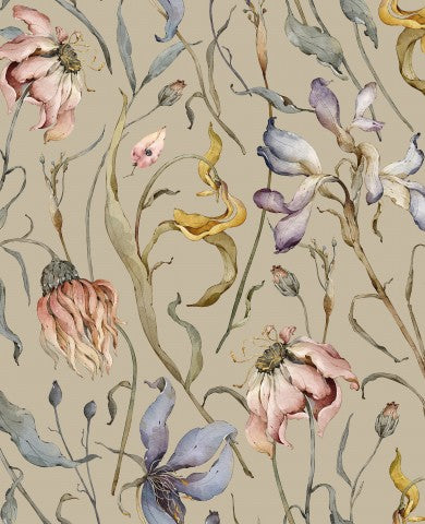 Satin cotton a watercolor pattern of flowers on a beige background