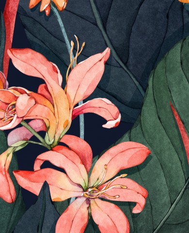 Muslin a watercolor painting of tropical flowers and leaves