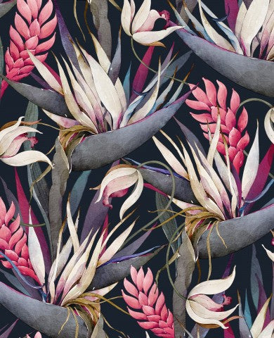 French Terry floral pattern with tropical plants and flowers