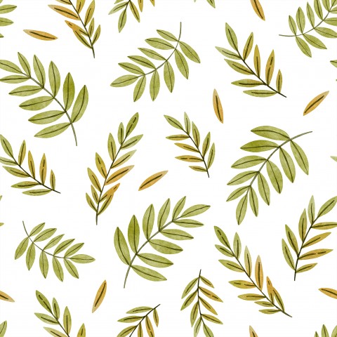 Hvidt bomuldsstof med tropiske blade på et lærredsmønster – ideelt til trendy outfits og projektioner! 100% naturligt præget bomuld, velegnet til syning.