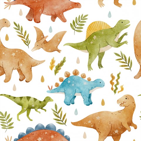 Satijnen katoen aquarel dinosaurussen en bladeren