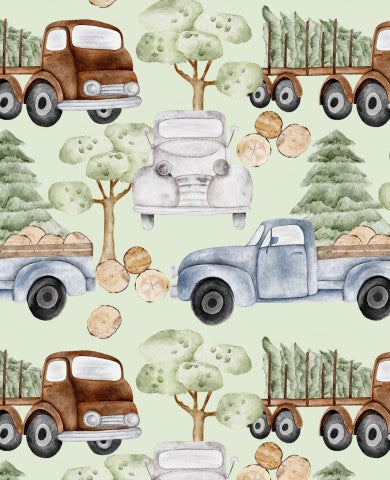 Wasserdichter Stoff ein Aquarellmuster mit Lastwagen und Bäumen