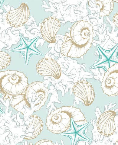 Türkisblauer Canvas aus Baumwolle in Kombination mit goldenen Muscheln - ein Must-Have für deine nächste Nähe-Projekte! Baumwoll-Canvas-Meterware zum nähen, id