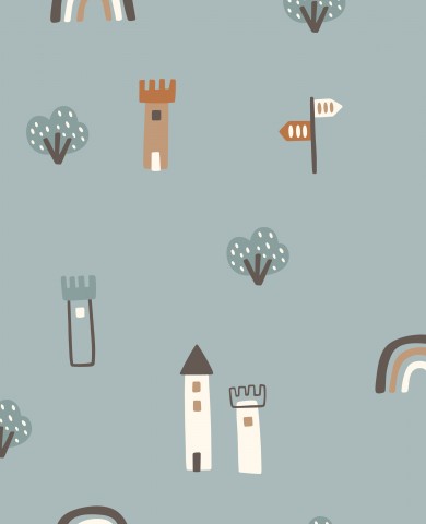 Maisons en tissu imperméable, arbres et arc-en-ciel