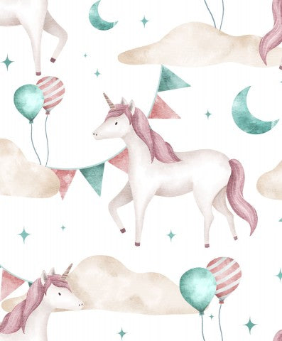French Terry watercolor unicorns and balloons
