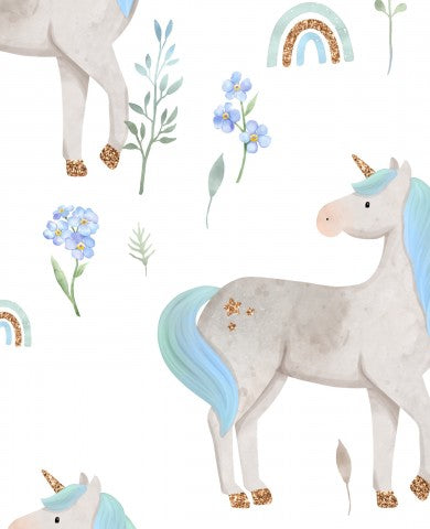Unicorni e fiori in raso di cotone