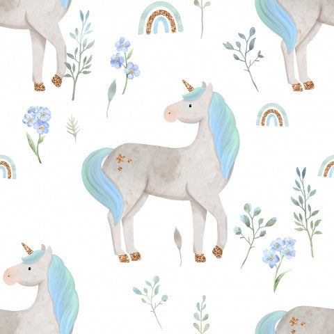 Unicorni e fiori in raso di cotone