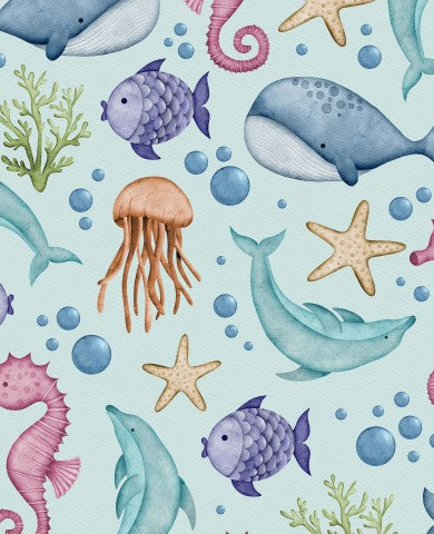Rib Jersey Aquarellmuster mit Meerestieren und Fischen