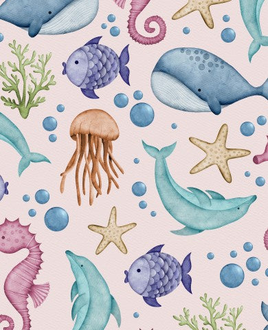 Rib Jersey Aquarellmuster mit Meerestieren und Fischen