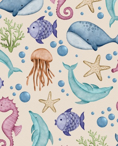 French Terry watercolor pattern with sea creatures and fish