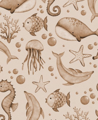 Motivi di mussola raffiguranti creature marine e pesci