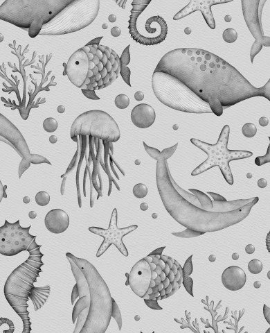 Rib Jersey ein schwarz-weißes Muster aus Meerestieren und Fischen