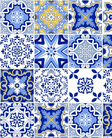 Satin Baumwolle einen Satz blauer und gelber Kacheln mit unterschiedlichen Designs