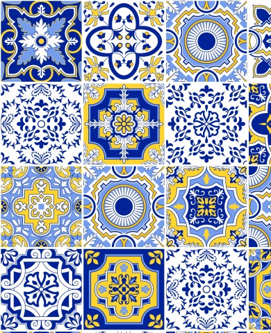 French Terry blue, yellow and white tiles with artistic patterns