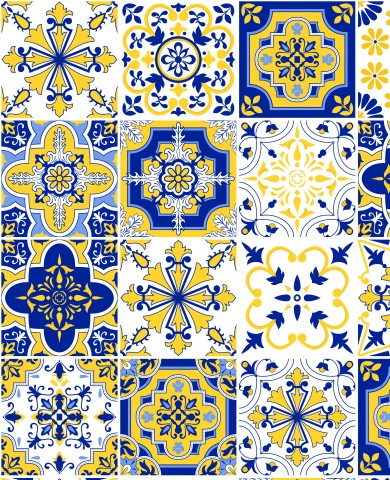 French Terry blue and yellow tiles