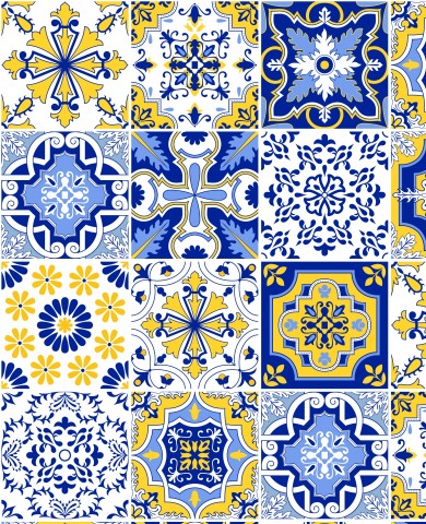 Waterproof fabric a range of blue and yellow tile designs