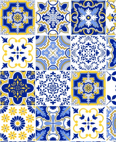 Entdecken Sie die einzigartige Mischung aus Canvas und Baumwolle in Vektor-Optik! Azulejos-Gemischte Fliese mit blau-gelben Mustern zum Nähen - 7 verschiedene