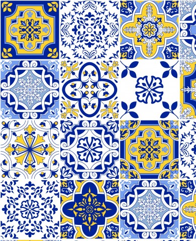 Canvas Baumwolle Vektor Azulejos Gemischte Fliese Blau Gelb 8 - Natürliche Schönheit für Ihre Kleidung: Baumwoll-Meterware in blauer und gelber Farbe, ideal zu