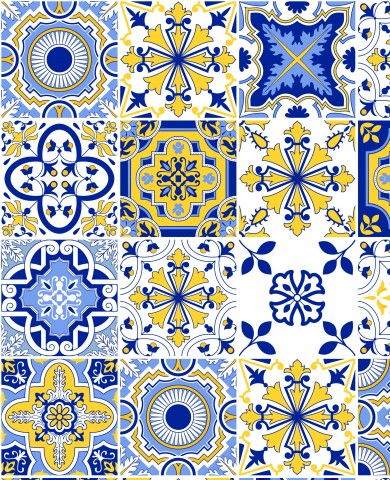 French Terry a range of blue and yellow tile designs