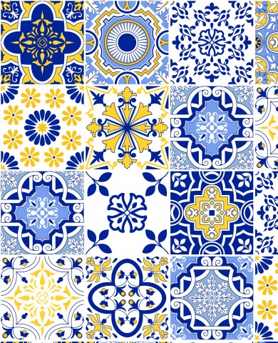 Canvas Baumwolle Vektor Azulejos Patchwork Blau Gelb 10: Naturfarben trifft zeitlose Mode. Baumwoll-Meterware in blauer und gelber Farbe, ideal für näherische