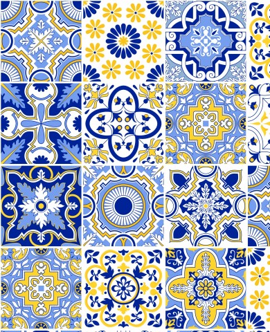 Vektorkunst-ähnliche Baumwolle-Muster in Blau und Gelb - Patchwork-Eleganz für deine Kleidung!