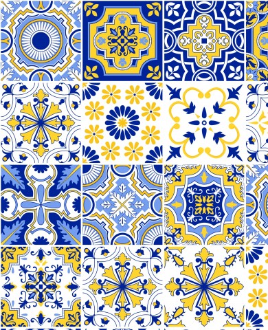 Satin Baumwolle blauen und gelben Kacheln