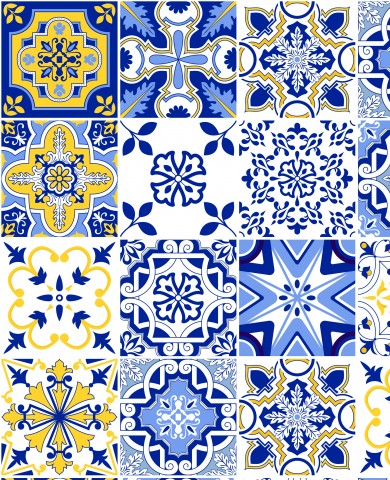 Waterproof fabric a range of blue and yellow tile designs