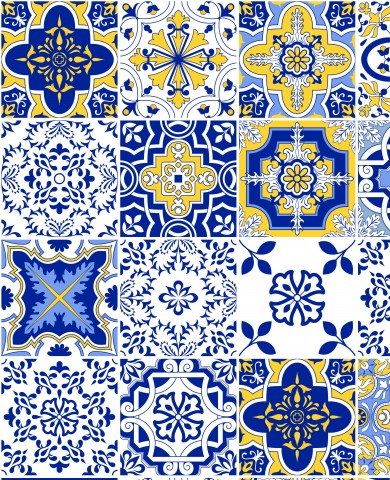 Lærred Bomuldsvektor Azulejos Patchwork Blå-Gul 14 - Naturligt betræk til dine kreationer! Bomuldsstof med blå og gul til unikke designs, ideelt