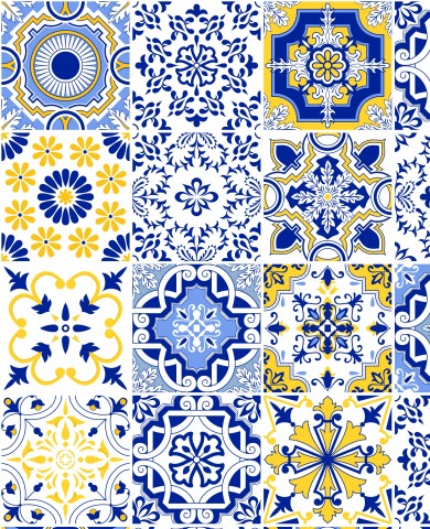 Waterproof fabric a set of blue, yellow and white tiles