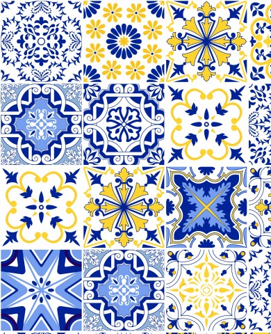 French Terry a range of blue and yellow tile designs
