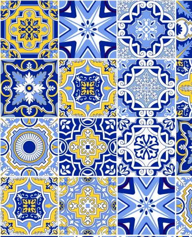 Musselin einen Satz blauer, gelber und weißer Kacheln