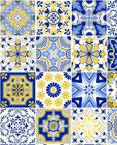 Satin cotton a set of blue, yellow and white tiles