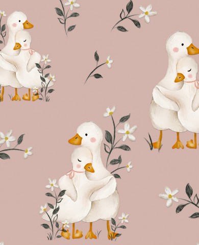 Jersey ducks and flowers on a pink background