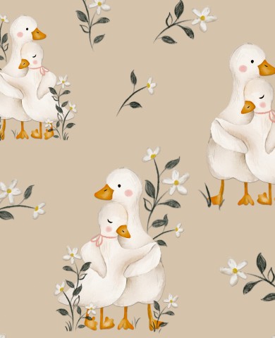Tessuto impermeabile con anatre e fiori su sfondo beige
