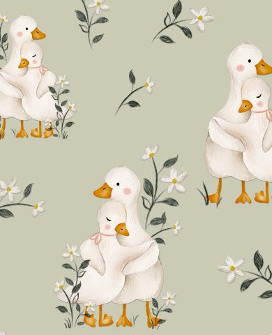 Canvas Baumwolle Verliebte Gänse grün - Natürliche Textilie für deine nächsten Projekte! Baumwoll-Canvas mit lustiger Gänse-Muster-Print, ideal für nähere Klei
