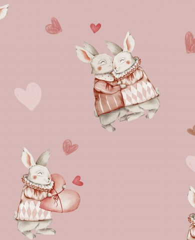 Coniglietti e cuori in raso di cotone acquerellato